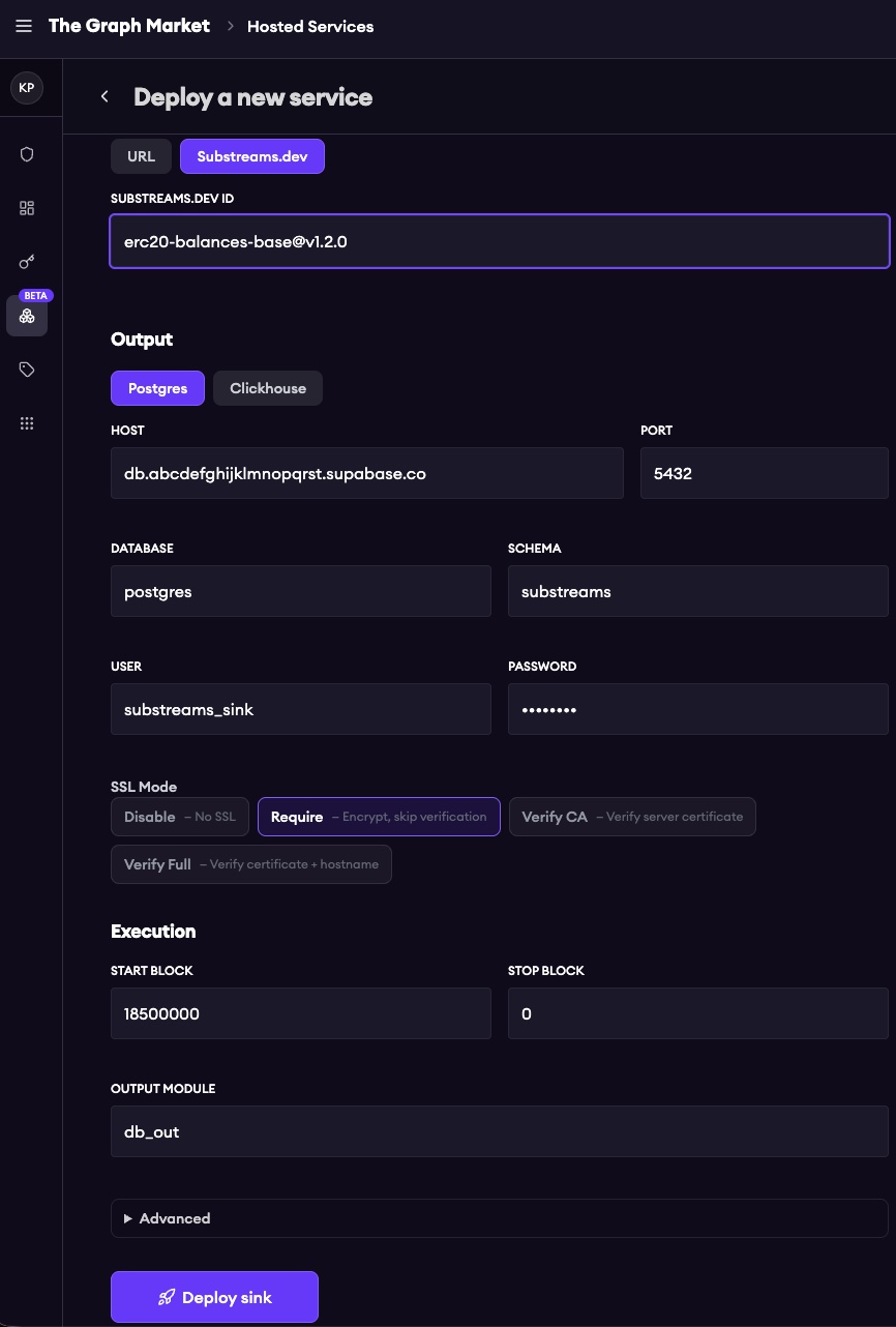Hosted Sinks deploy form