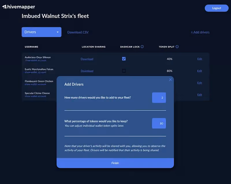 Easily manage, edit and audit your fleet from within the Fleet Manger on the Hivemapper Explorer